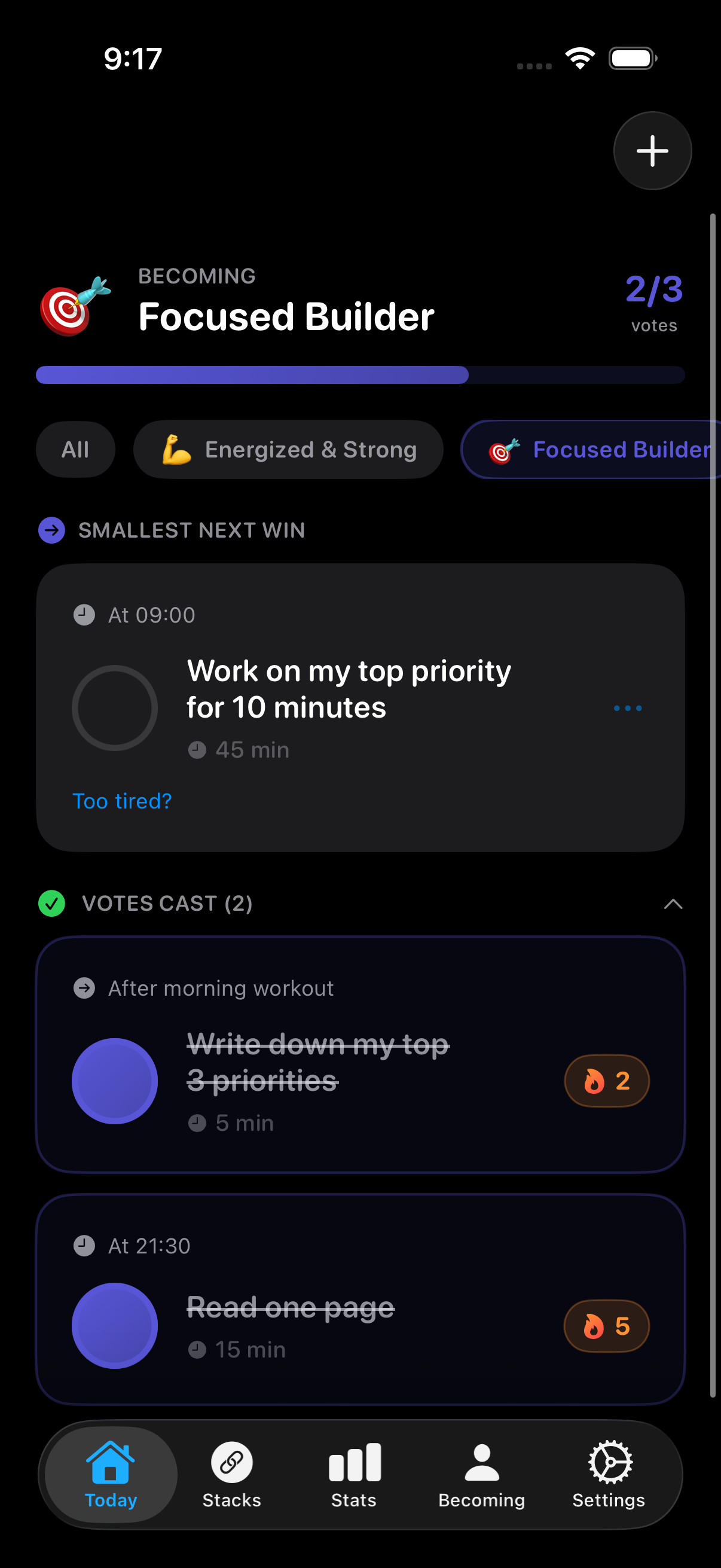 Today tab filtered — Focused Builder identity, 2/3 votes cast
